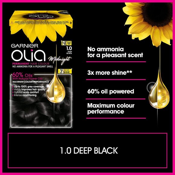 Garnier Olia Permanent Oil Powered Hair Color, 1.0 Deep Black (Midnight) - Picture 4 of 4